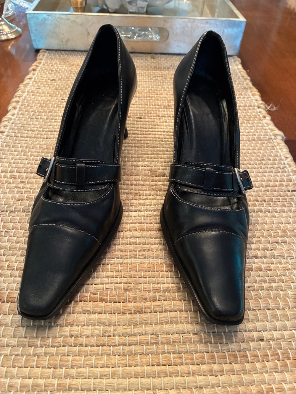 Coach Black Leather Pointed-Toe Heels with Strap